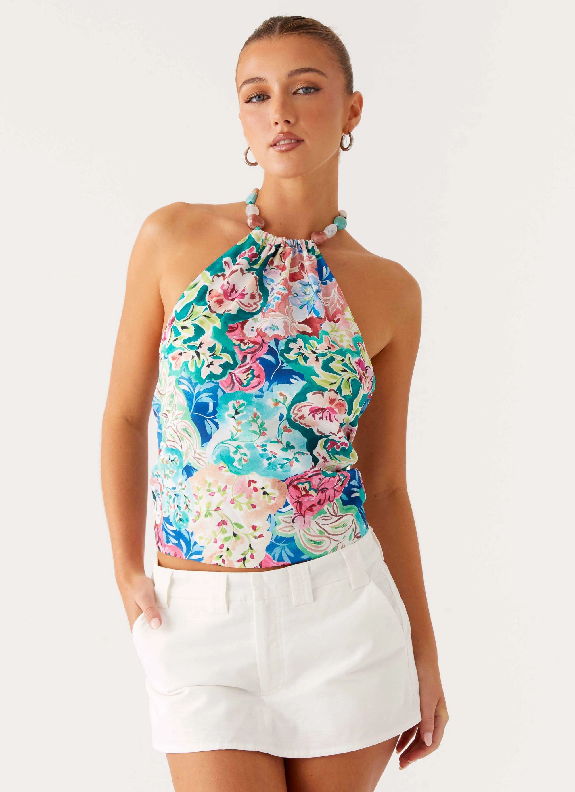 PuckerFree Surface Dalila Beaded Tie Back Top - Santorini Floral