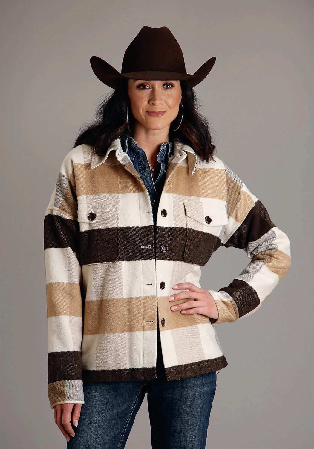 Stetson Womens Earthtone Plaid Brown Wool Blend Wool Jacket color block