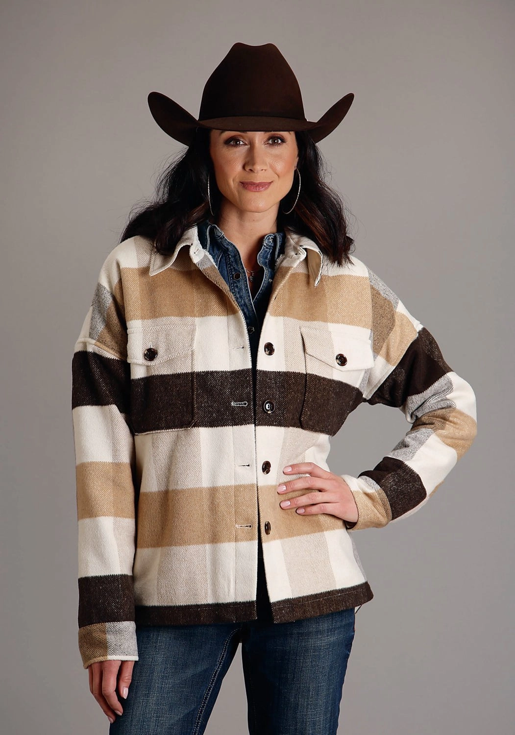 Durable AbrasionResistant Panels Fleece Backing Stetson Womens Earthtone Plaid Brown Wool Blend Wool Jacket