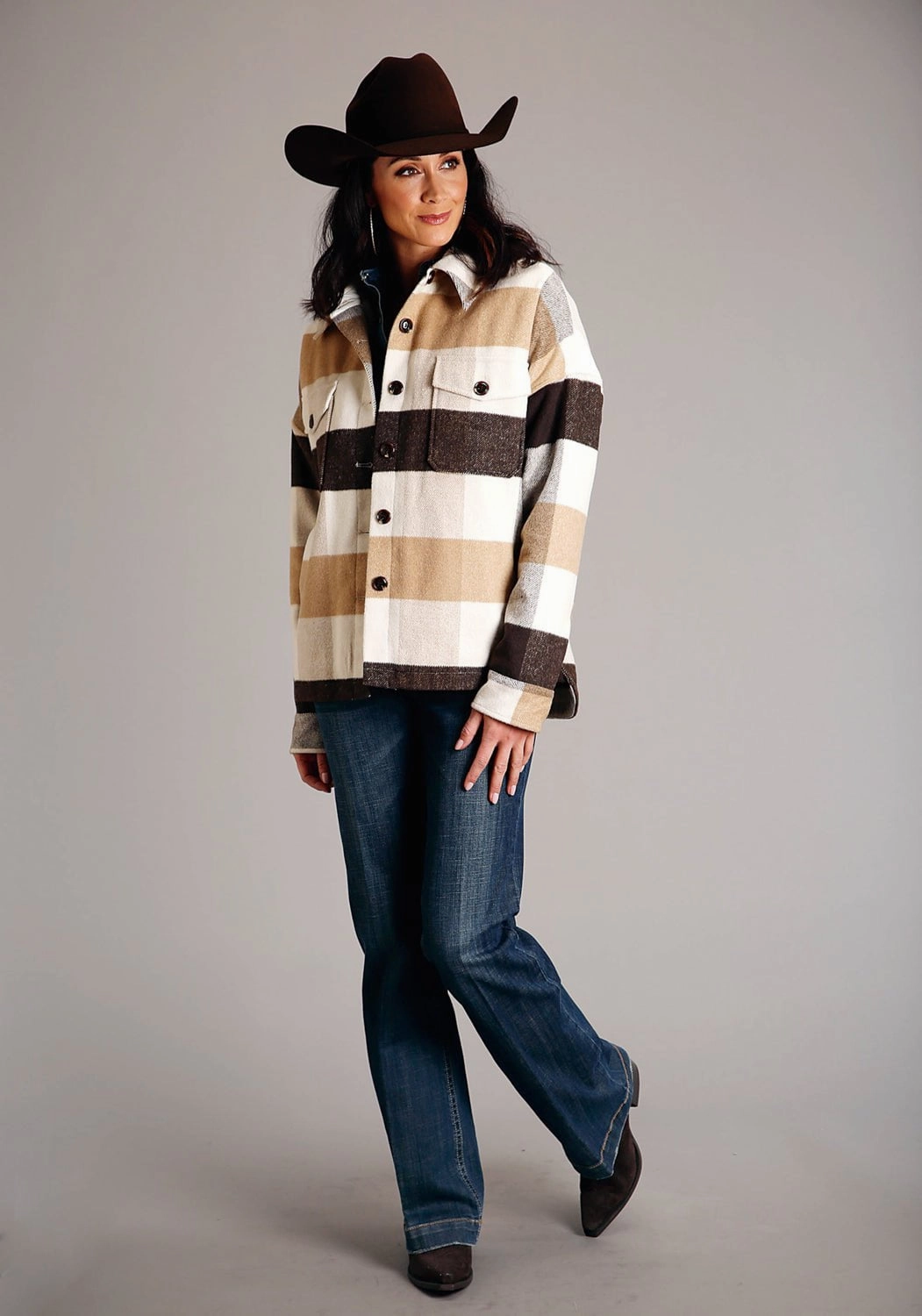 LightPadding Durable Corrosion Resistant Zippers Stetson Womens Earthtone Plaid Brown Wool Blend Wool Jacket