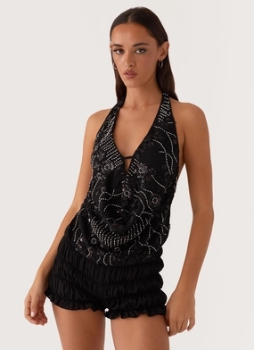 FourWayStretchFabric Tagless Collar Gail Beaded Cowl Halterneck Top - Black