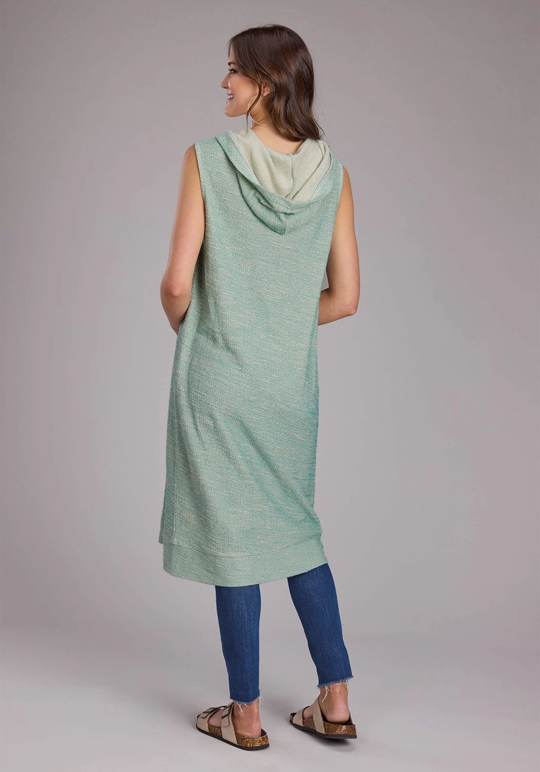 Warm & Soft Breathable Design Roper Womens Hooded Sleeveless Aqua/Cream 100% Cotton Cardigan Sweater