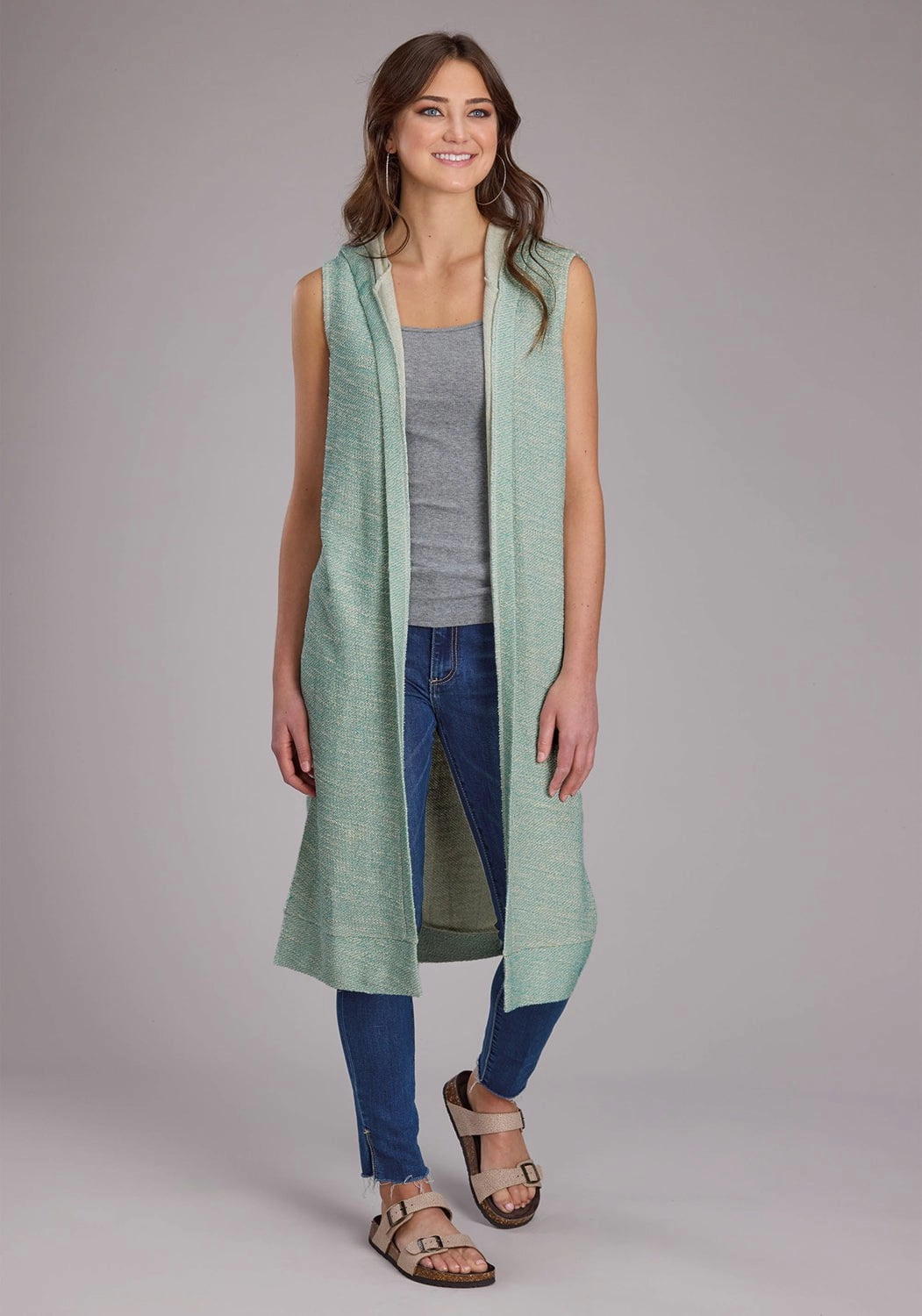 Smart Layers Roper Womens Hooded Sleeveless Aqua/Cream 100% Cotton Cardigan Sweater