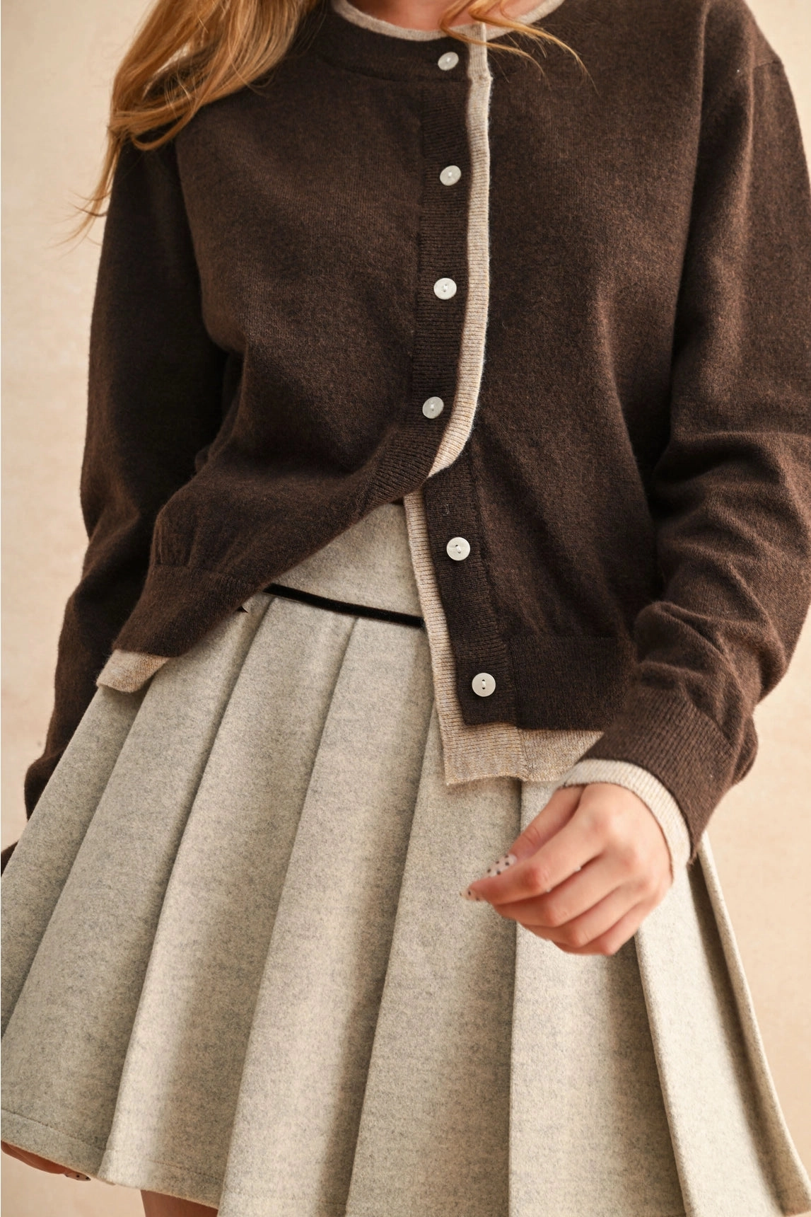 High Neckline Rose Button Down Cardigan - Brown