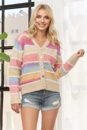 Fashionable Layer Lightweight Layer Sheena Color Block Stripe Button Down Cardigan