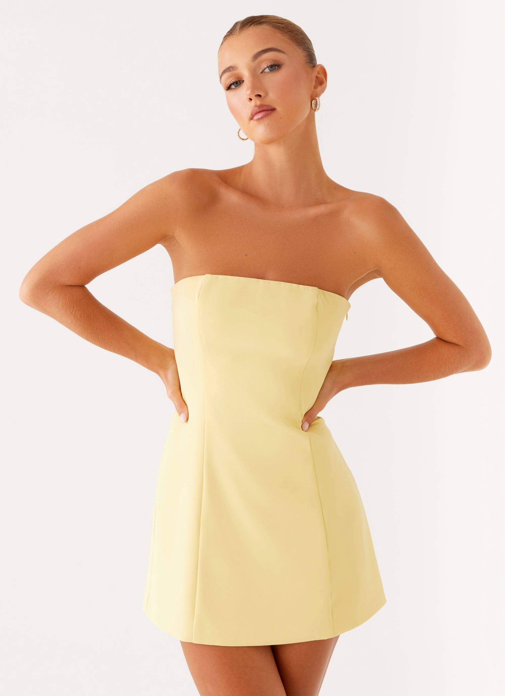 Honey Bow Mini Dress - Yellow Dinner Outfit Pleat-Front