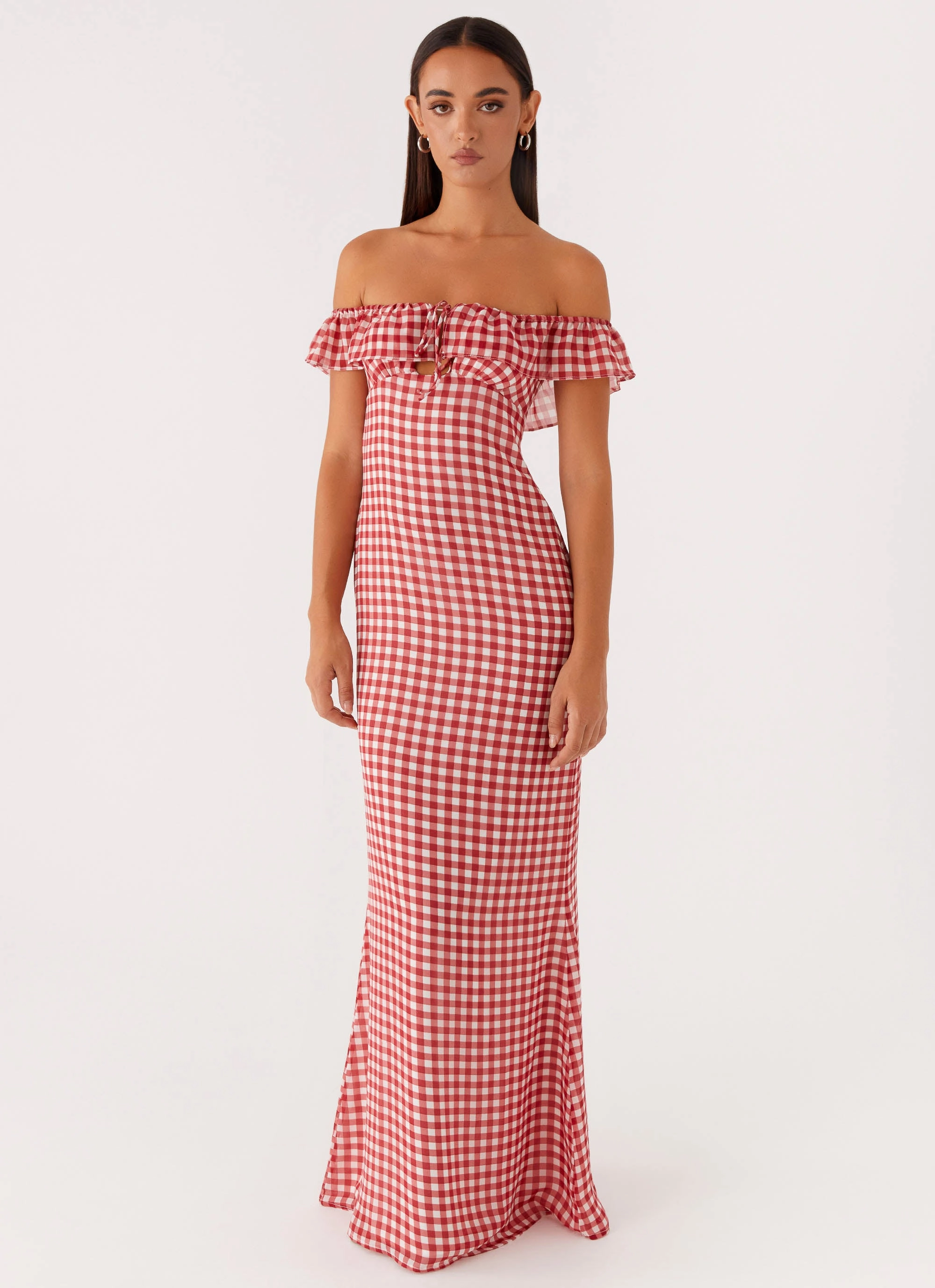 Scarlet Cherry Maxi Dress - Red Gingham Back-Zip Pocket-Detail