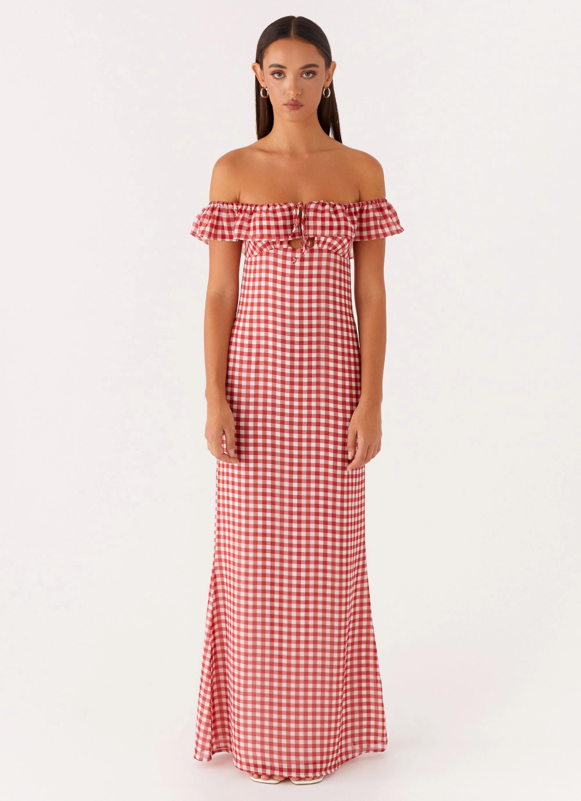 Casual Layering Chic Vibe Scarlet Cherry Maxi Dress - Red Gingham