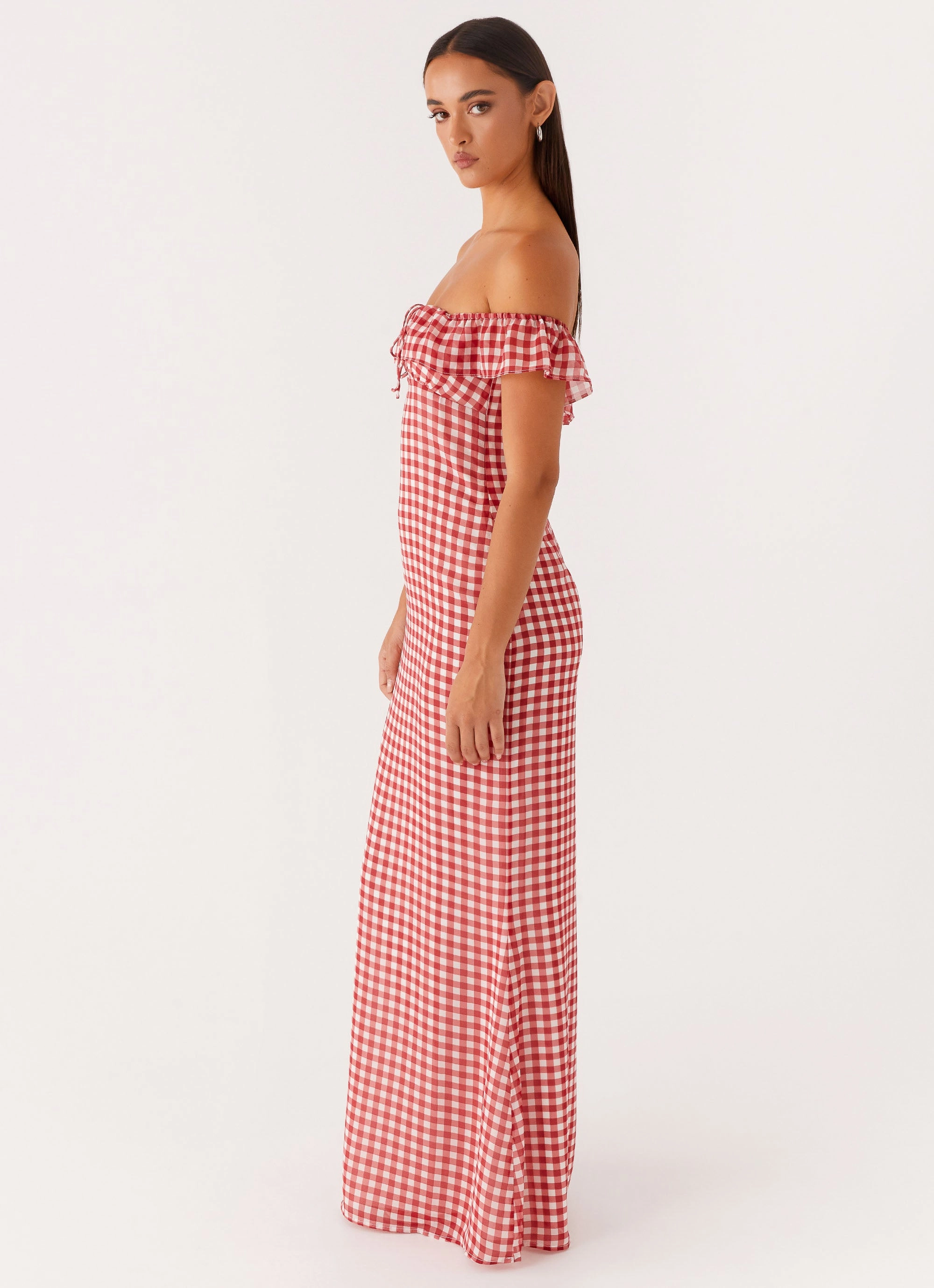 Flowy summer gown Comfortable texture Scarlet Cherry Maxi Dress - Red Gingham