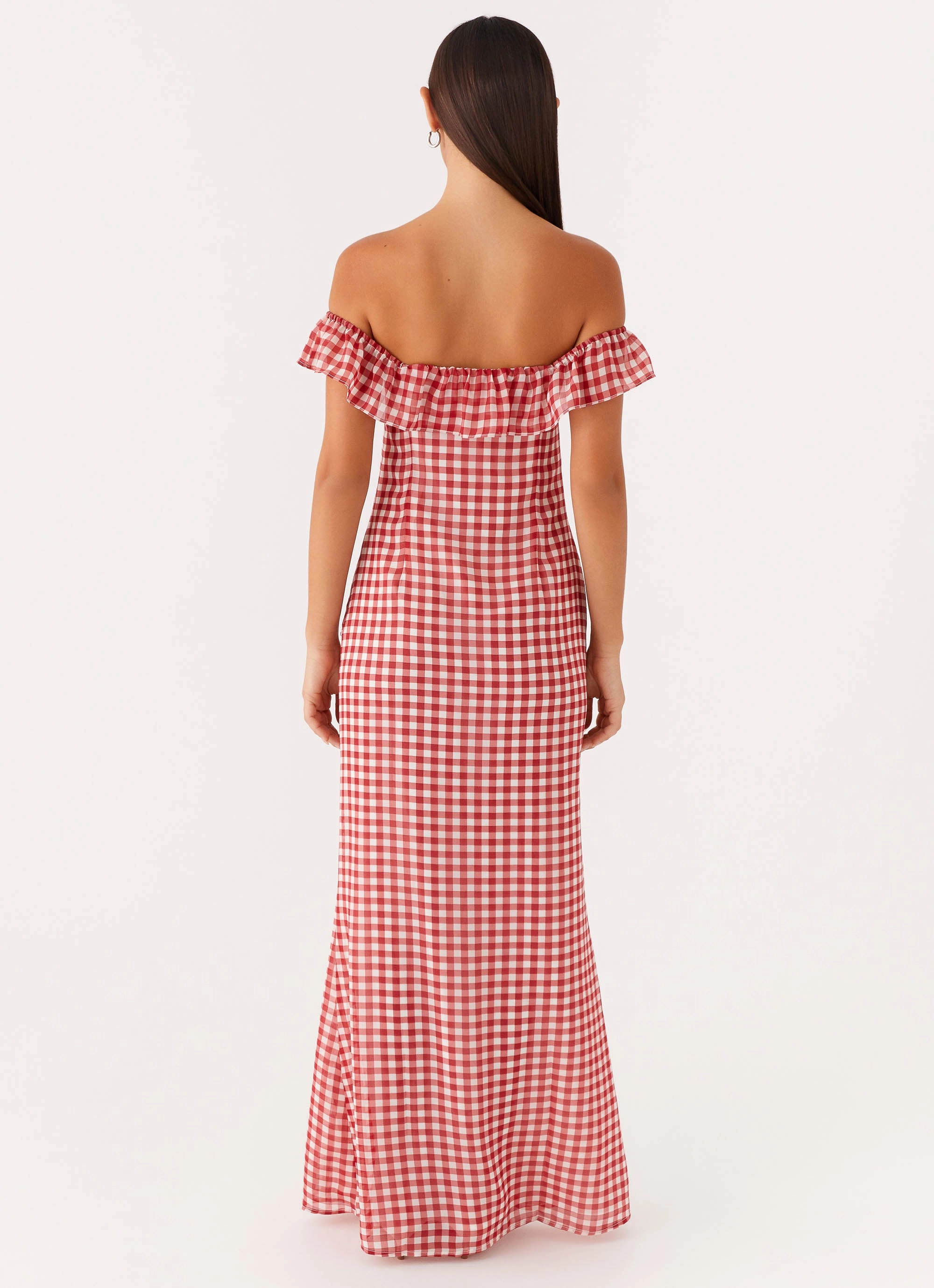 Scarlet Cherry Maxi Dress - Red Gingham Gradient Shade Shimmer-Finish