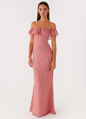 Comfortable and Chic Fashionable Design Scarlet Cherry Maxi Dress - Red Gingham