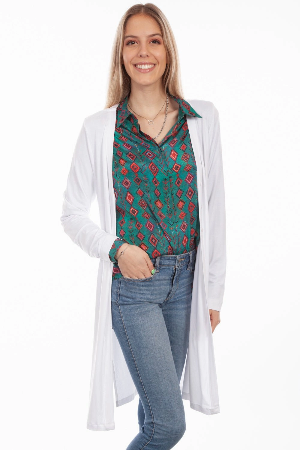 Classic Knit Design Casual Fit Scully Womens White Viscose Side Slit Cardigan