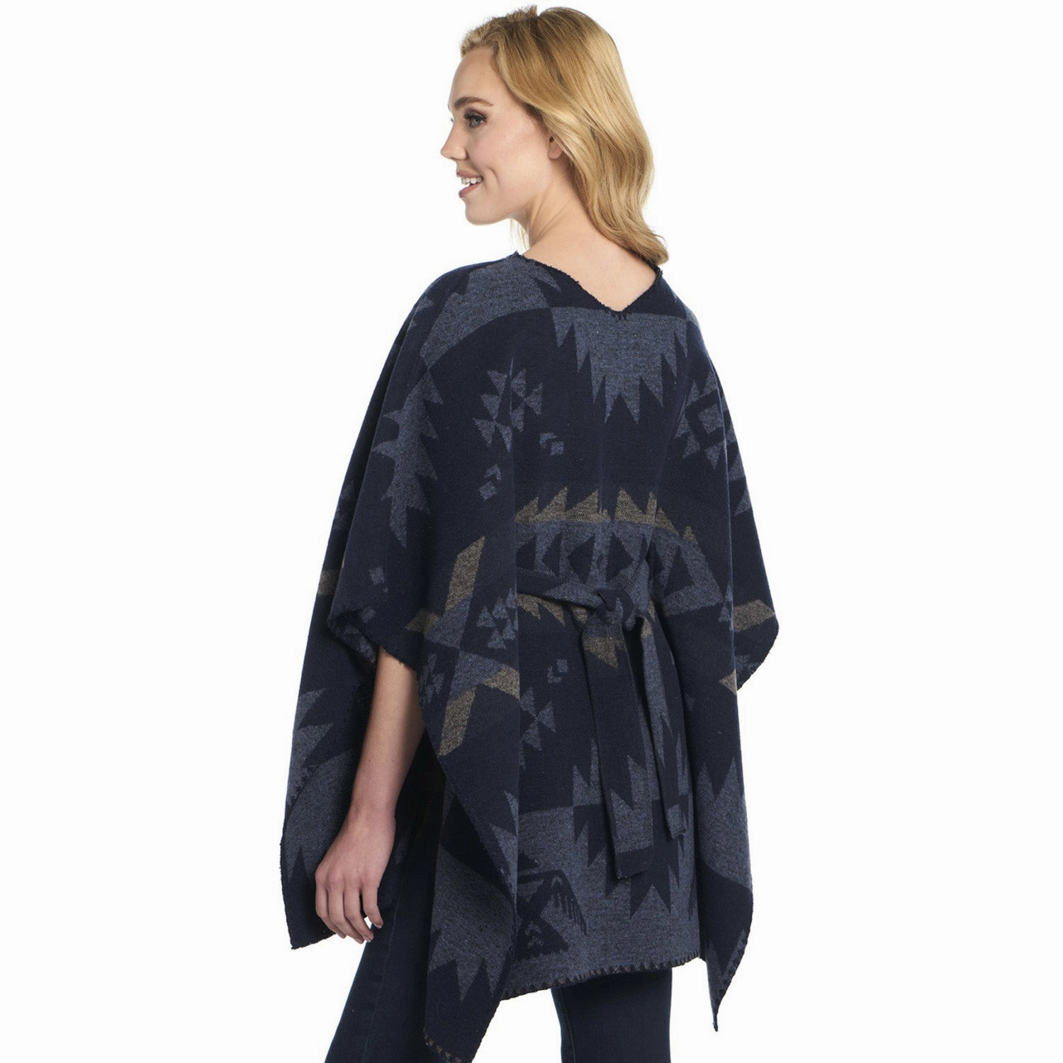 Sustainable Sourcing Certified Warm and Fashionable Cripple Creek Womens Tie Back Navajo Blanket Blue Herron 100% Polyester Poncho