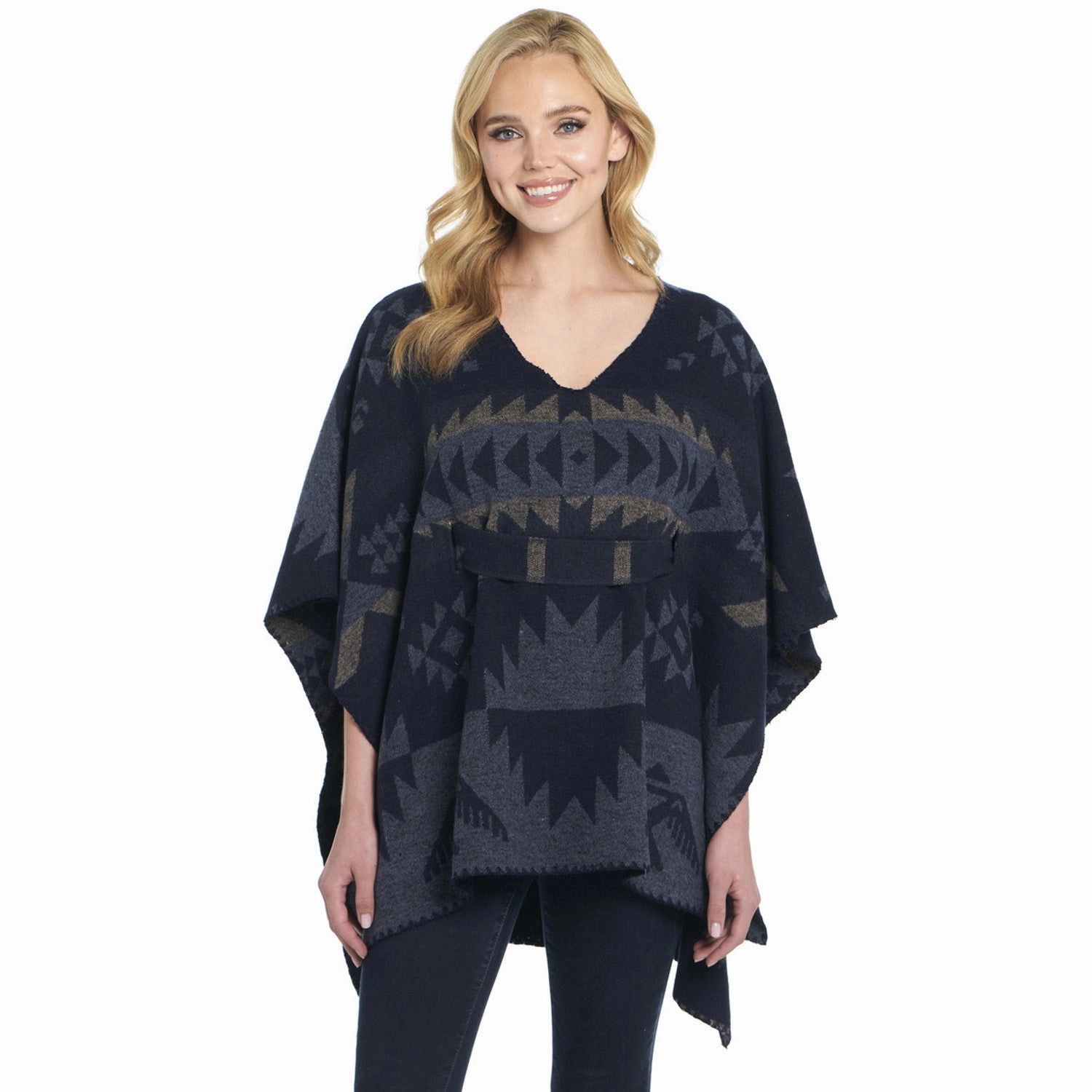 Cripple Creek Womens Tie Back Navajo Blanket Blue Herron 100% Polyester Poncho Knit Perfection Relaxed Style