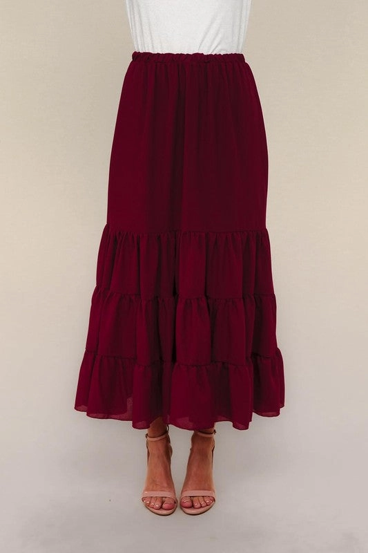 Jane Solid Elastic Waist Maxi Woven Skirt W/lining Business Meeting Classic Touch