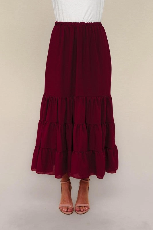 Smart Casual flowy silhouette Jane Solid Elastic Waist Maxi Woven Skirt W/lining