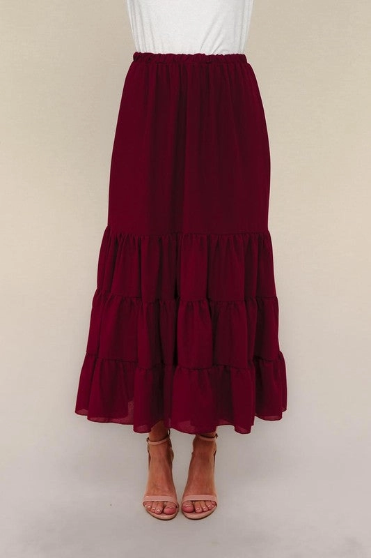 Timeless Touch Lined interior Jane Solid Elastic Waist Maxi Woven Skirt W/lining