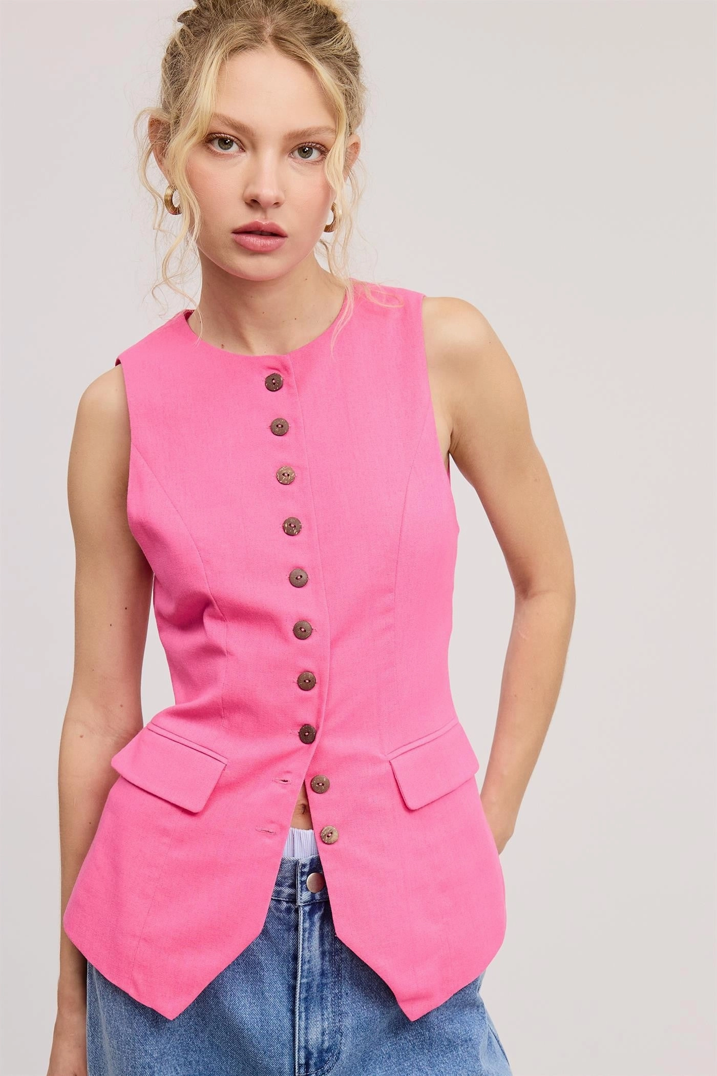Double Layered Hem Reinforcement Denim Shirt Tailored Long Line Vest - Pink