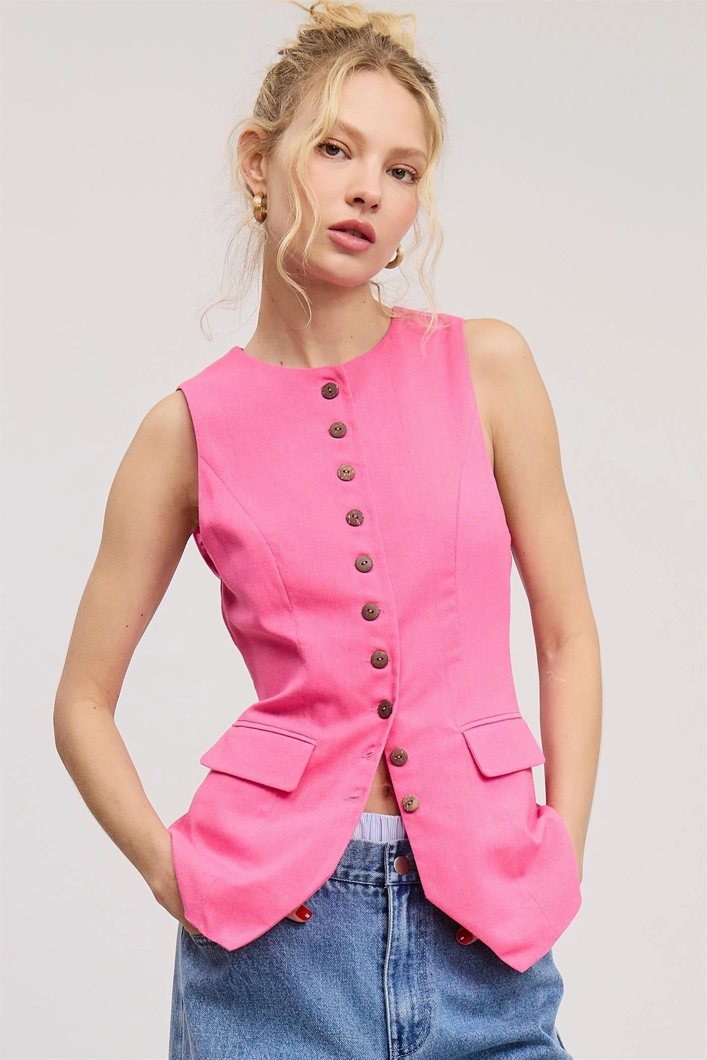 Tailored Long Line Vest - Pink ButtonFront