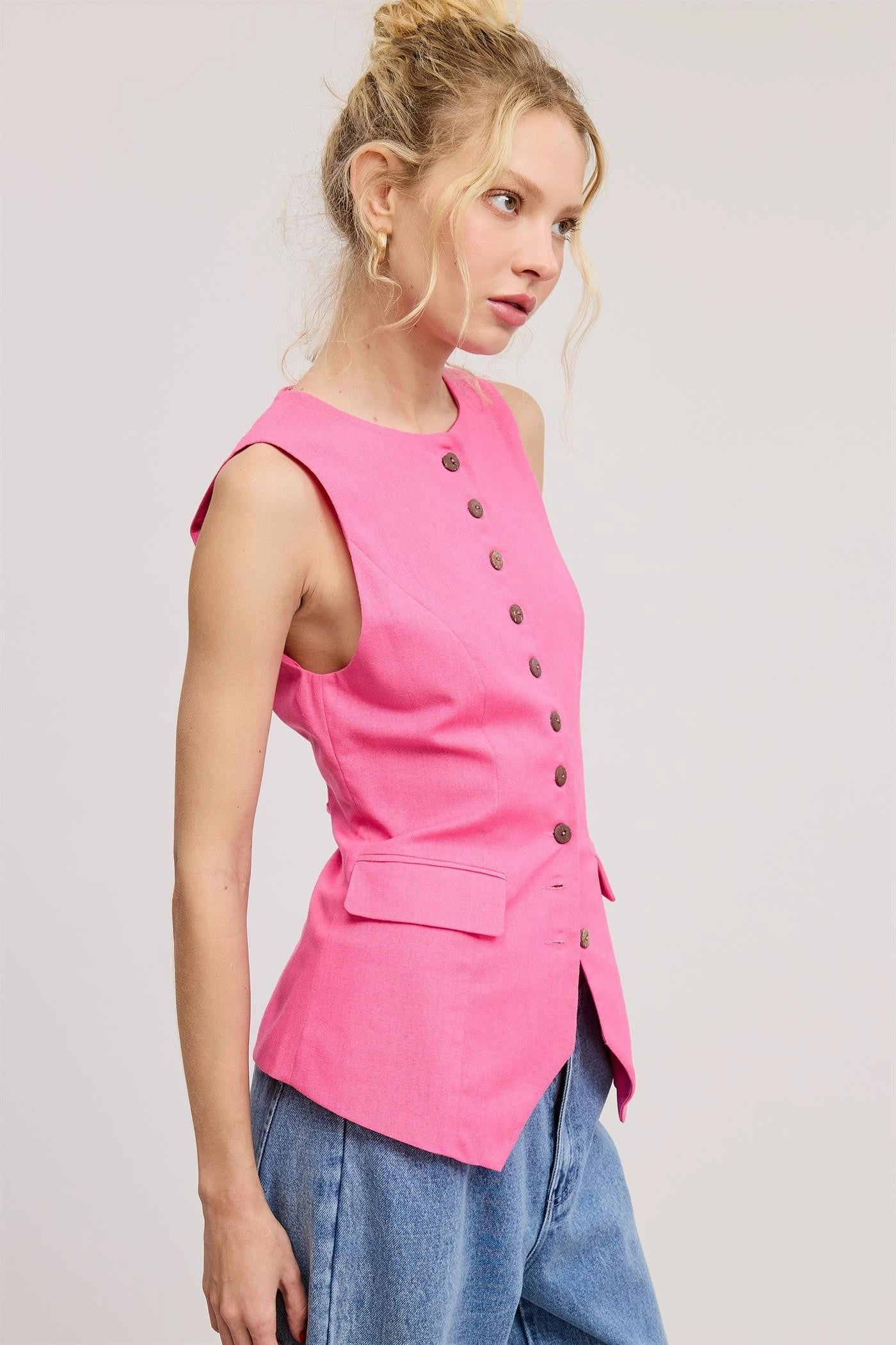 Tailored Long Line Vest - Pink Wrinkle Resistant Textile