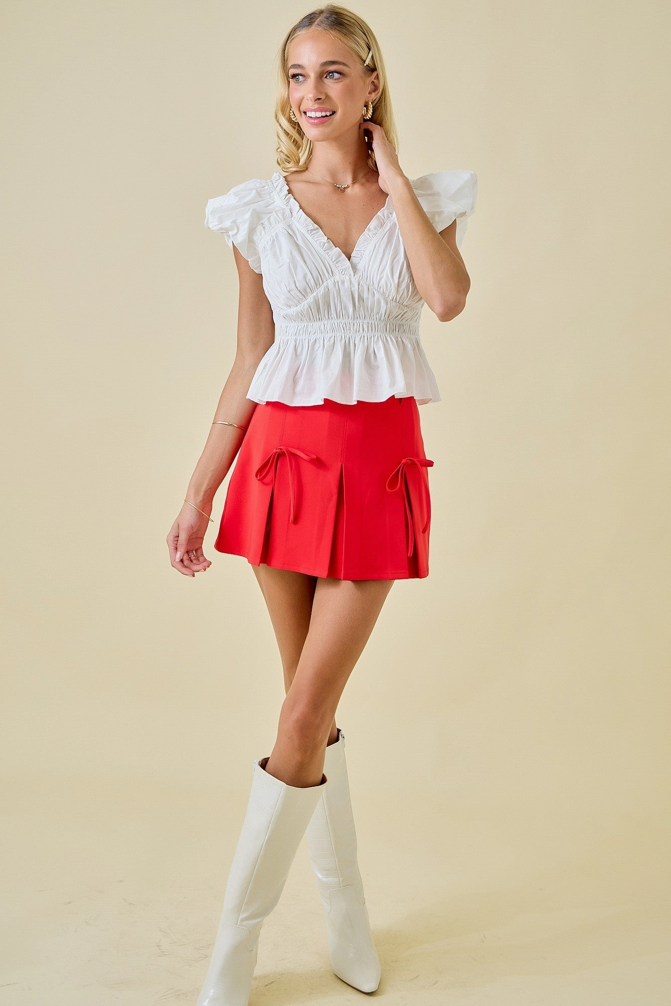 Pleated Bow Cheerleader Skirt - Red Torsion Support Structure Foldable Cuff Design