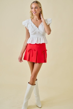 Pleated Bow Cheerleader Skirt - Red DoubleLayeredFabric