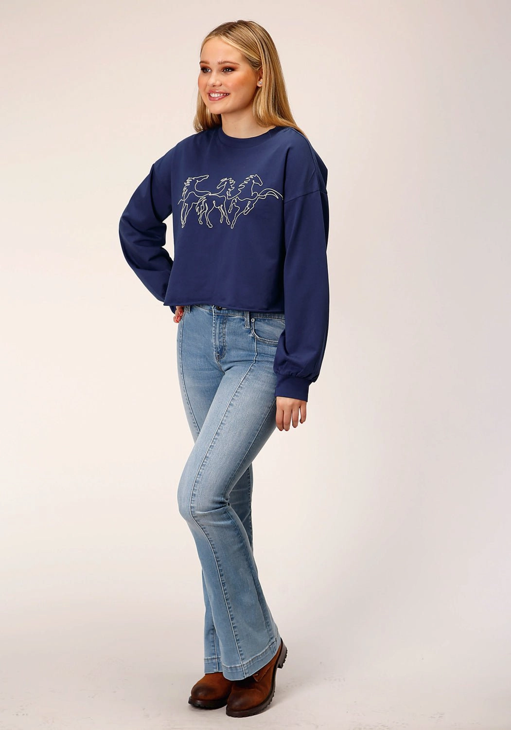 Cold Weather Knitwear Relaxed Wear Roper Womens Broncos Blue 100% Cotton Sweatshirt