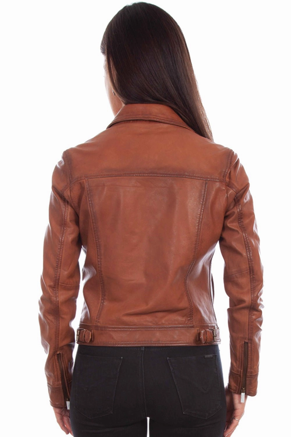 Clean Silhouette NonRestrictive Movement Design Scully Womens Cafe Racer Cognac Leather Leather Jacket