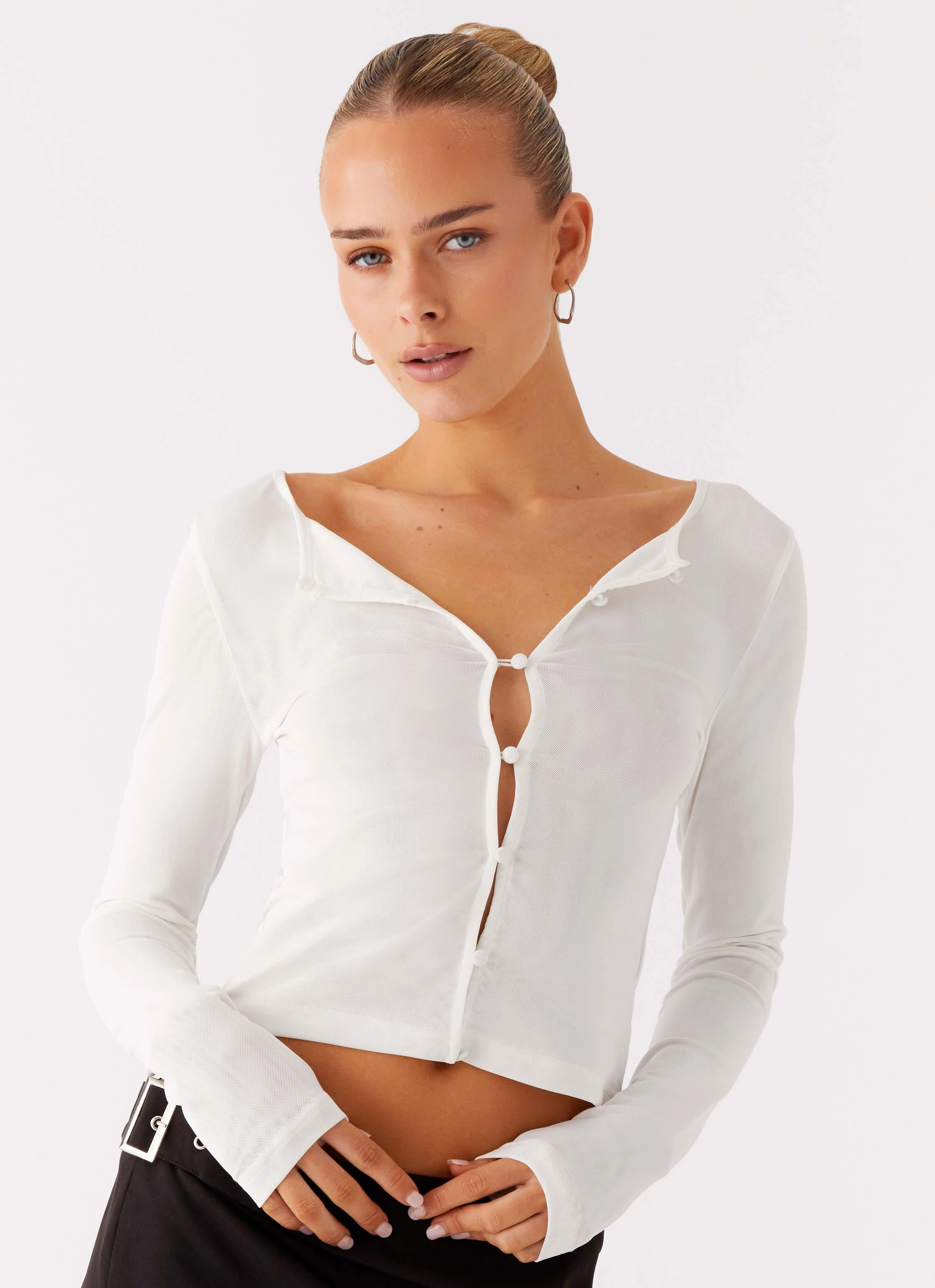 Antibacterial Recycled Polyester Fifth Ave Mesh Long Sleeve Top - Off White