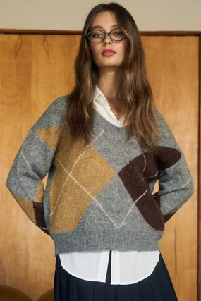 Argyle V Neck Long Sleeve Pullover Sweater Boat neck style All-Season Comfort