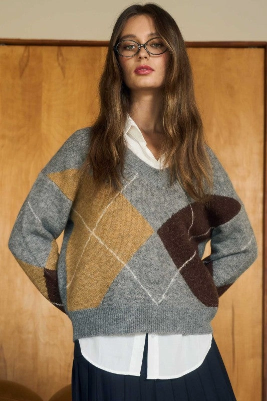Argyle V Neck Long Sleeve Pullover Sweater Boat neck style All-Season Comfort