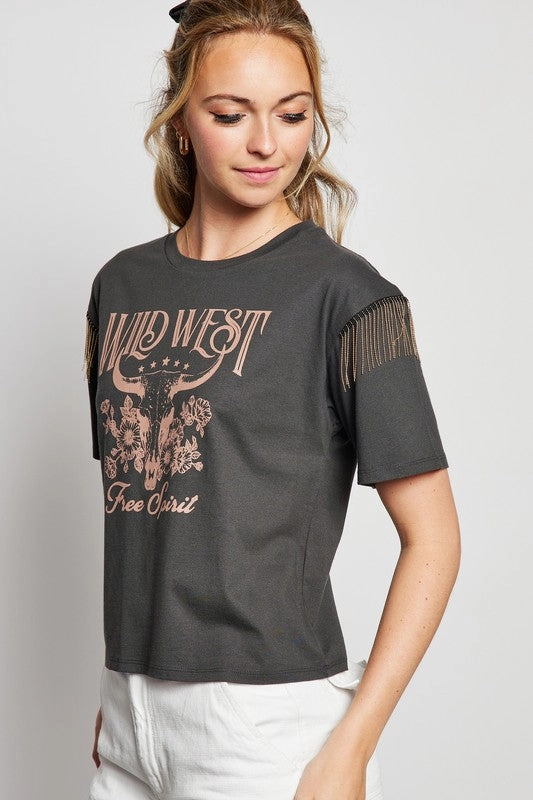 Wild West Rhinestone Fringe Tee Flexible Ribbed Cuffs