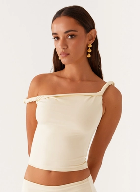 Distressed Texture BoxyCrop Solace Soul Twist Shoulder Top - Yellow