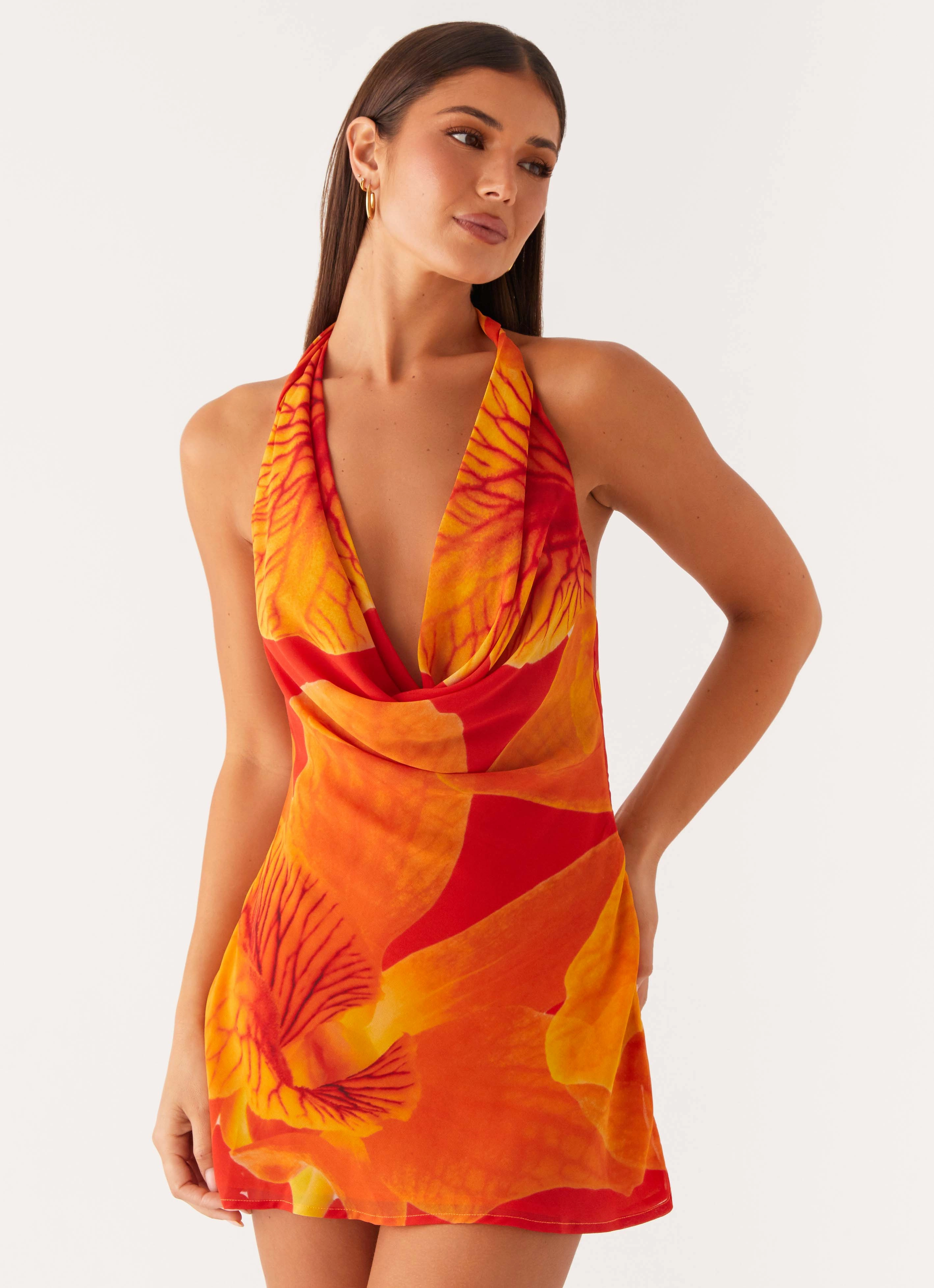 Zip Closure Solar Beam Cowl Mini Dress - Serene Orange