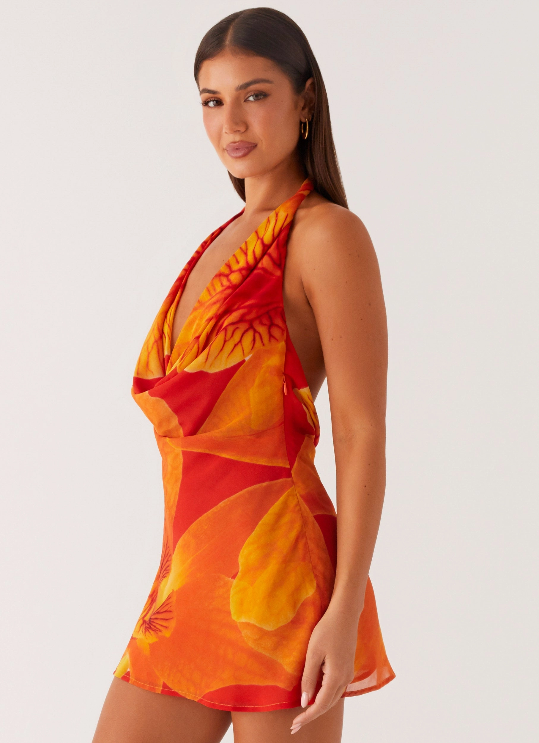 Solar Beam Cowl Mini Dress - Serene Orange Feel Good DoubleLayeredMaterial