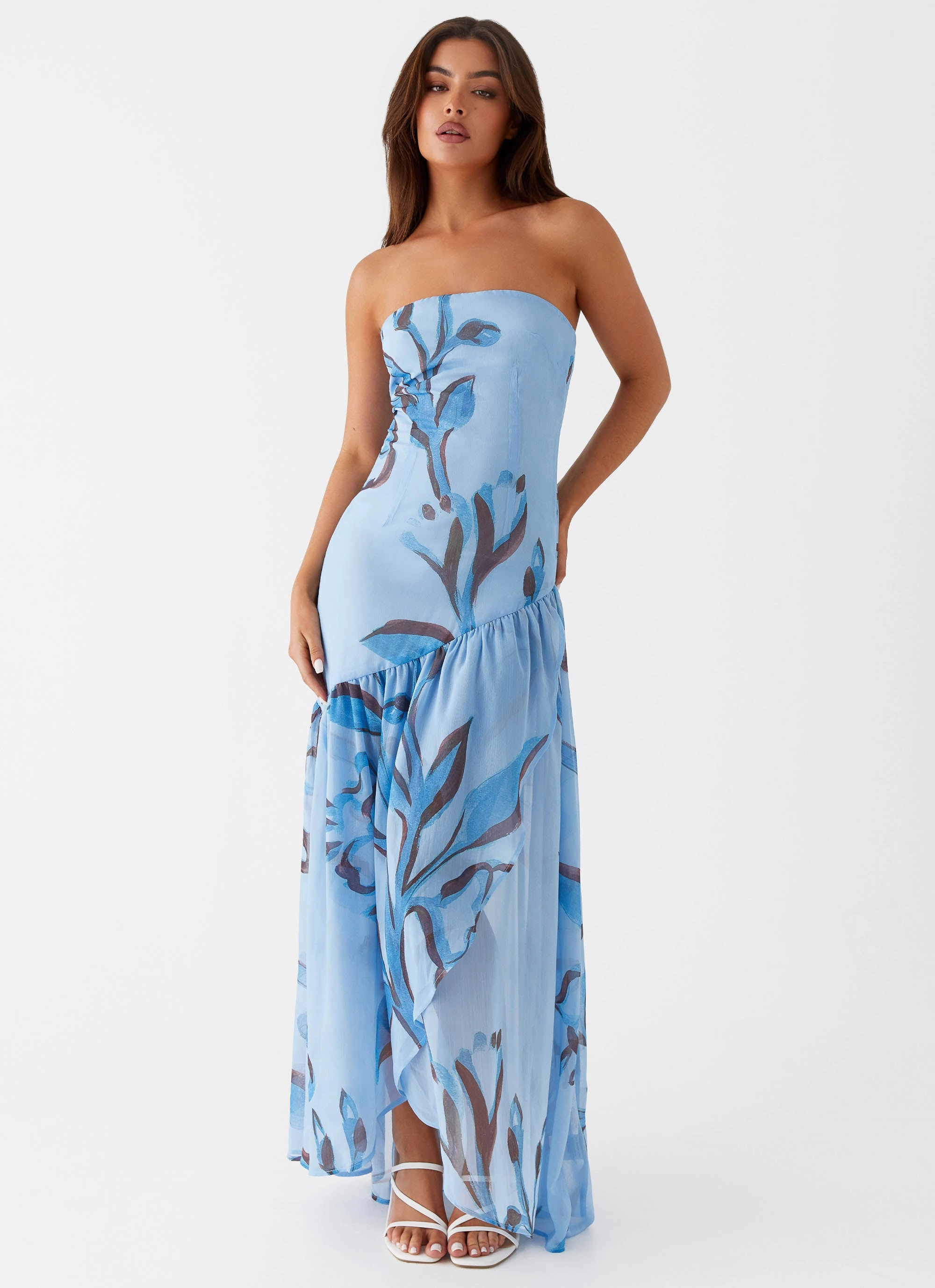 Solaris Strapless Maxi Dress - Blue Floral Sequin-Detail