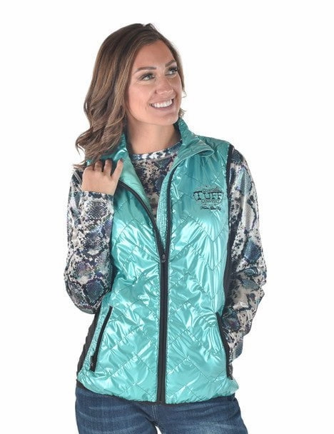 Notch Lapel Active Daily Wear Cowgirl Tuff Womens Midweight Logo Turquoise 100% Polyester Softshell Vest