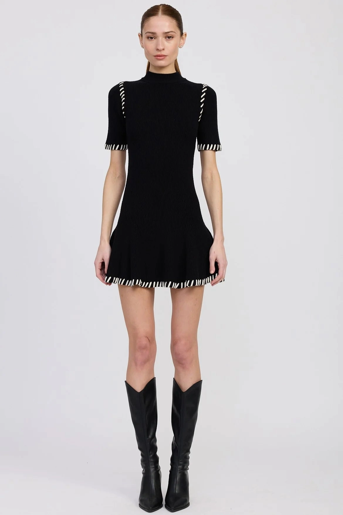 Romilla Stitch Mini Dress Classic Crew Neck DurableDoubleLayeredHem