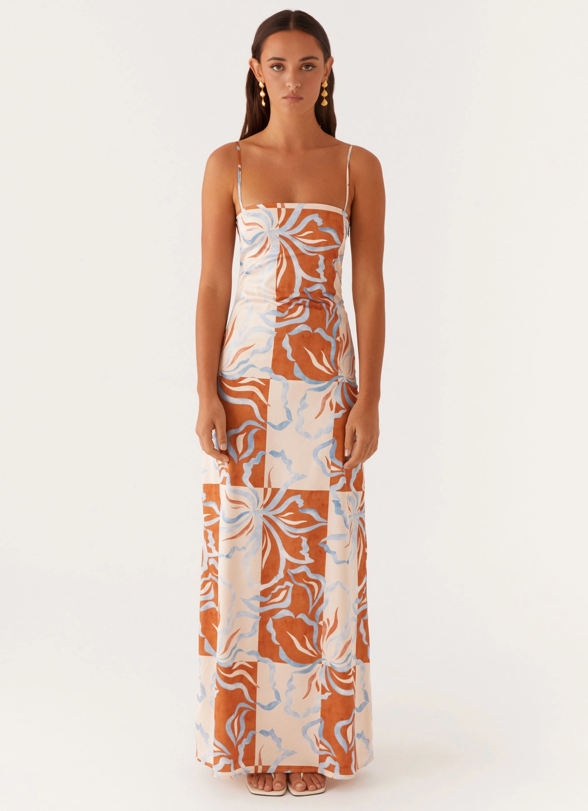 Tailored-fit Aster Bloom Maxi Dress - Orange Blue Floral