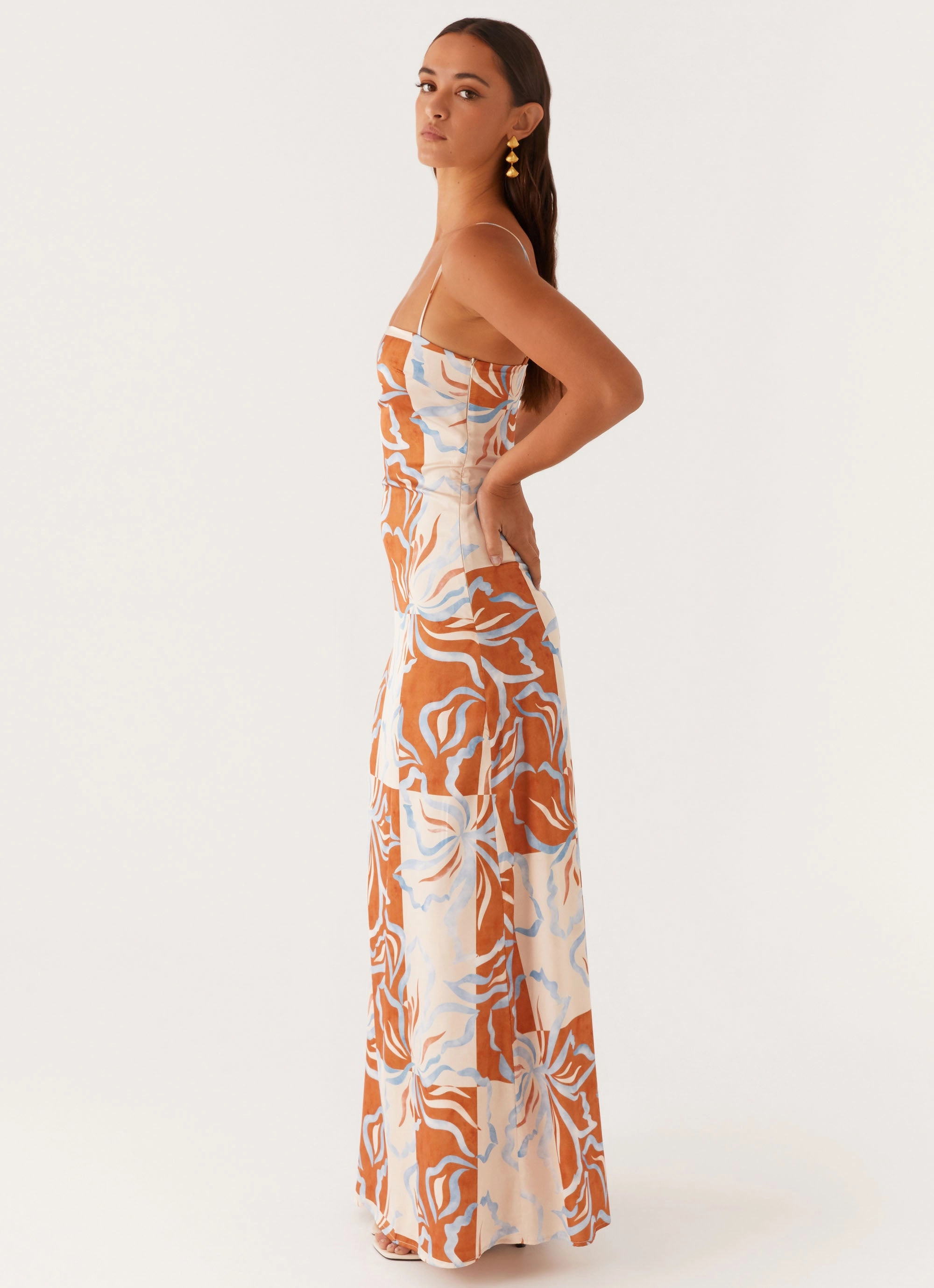 Fall Tone Perfect Day-to-Night Aster Bloom Maxi Dress - Orange Blue Floral