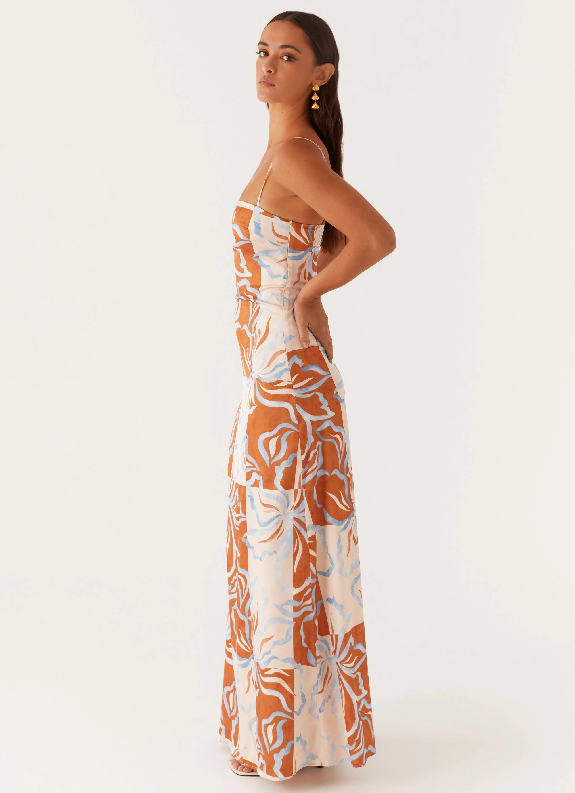Basic Cool Aster Bloom Maxi Dress - Orange Blue Floral