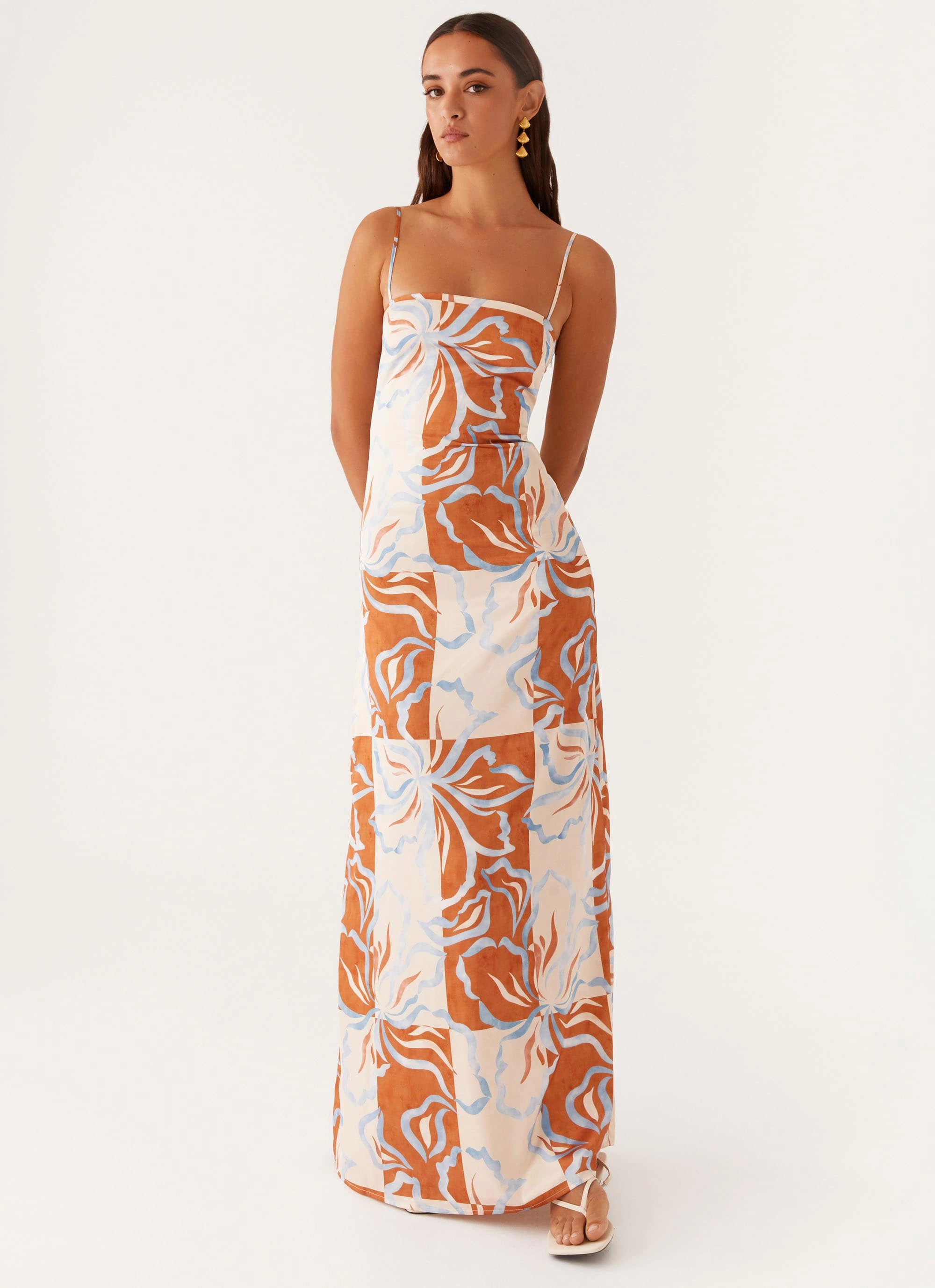 Gender Inclusive Aster Bloom Maxi Dress - Orange Blue Floral