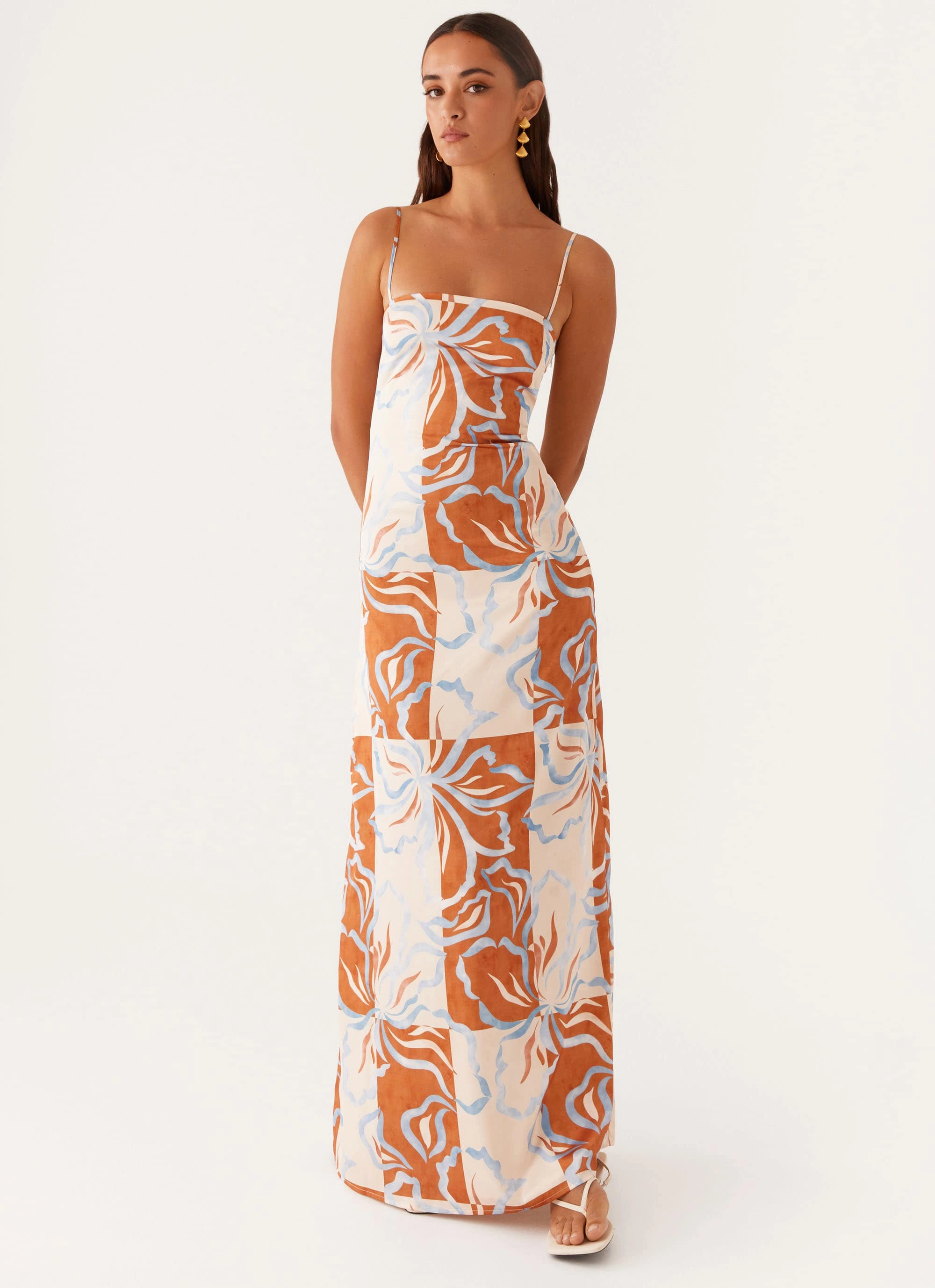Wave Soft Fashionable Touch Aster Bloom Maxi Dress - Orange Blue Floral