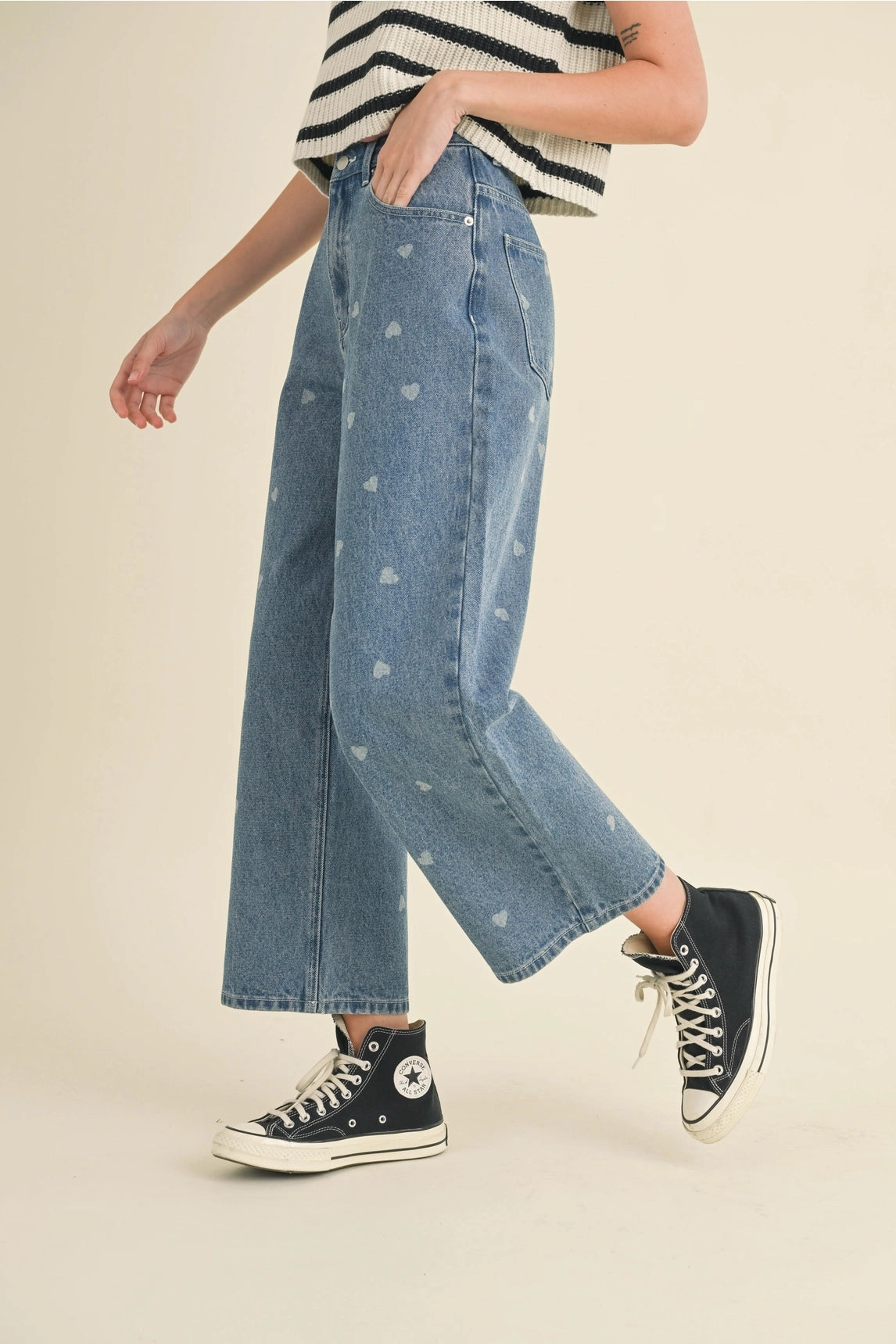 High Rise Design Heart Printed Denim Jeans