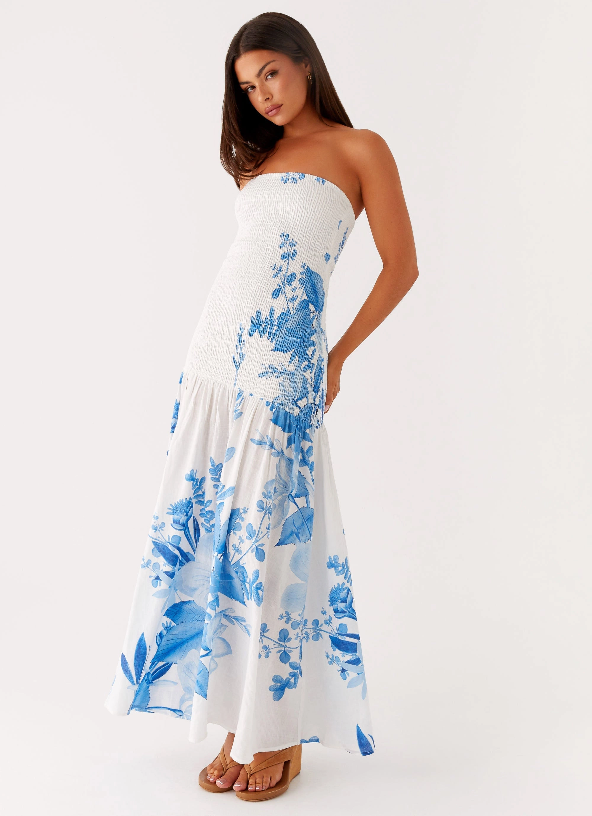 Rebecca Maxi Dress - Blue Floral Print Mood Flex Trendy midi dress