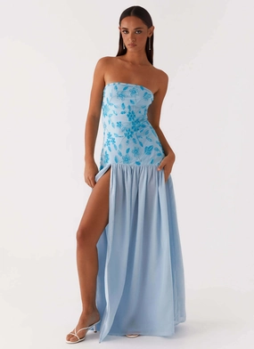 Comfortable fit-and-flare dress Eden Strapless Beaded Maxi Dress - Blue