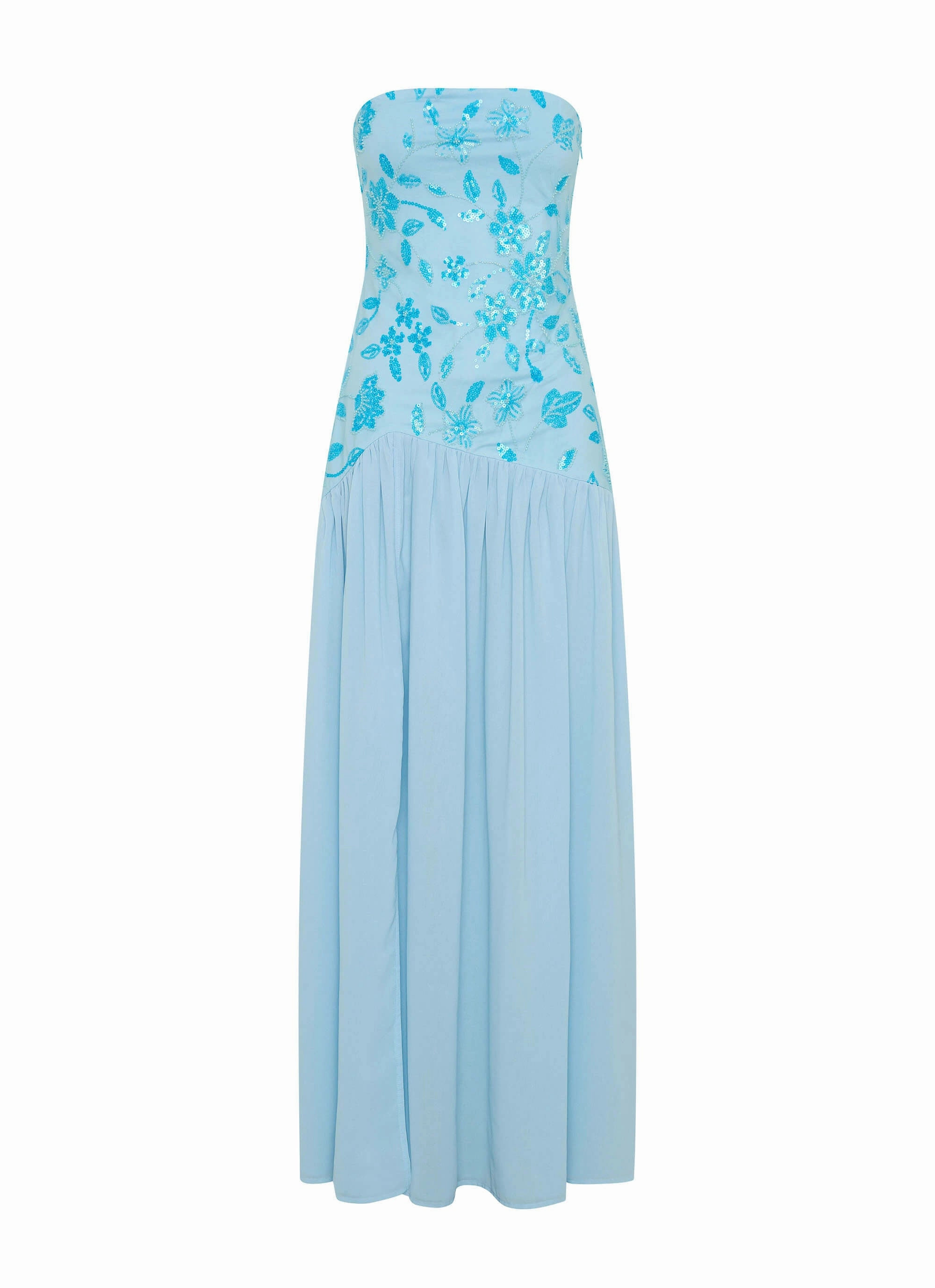 Sheer Panel Fashionable Design Eden Strapless Beaded Maxi Dress - Blue
