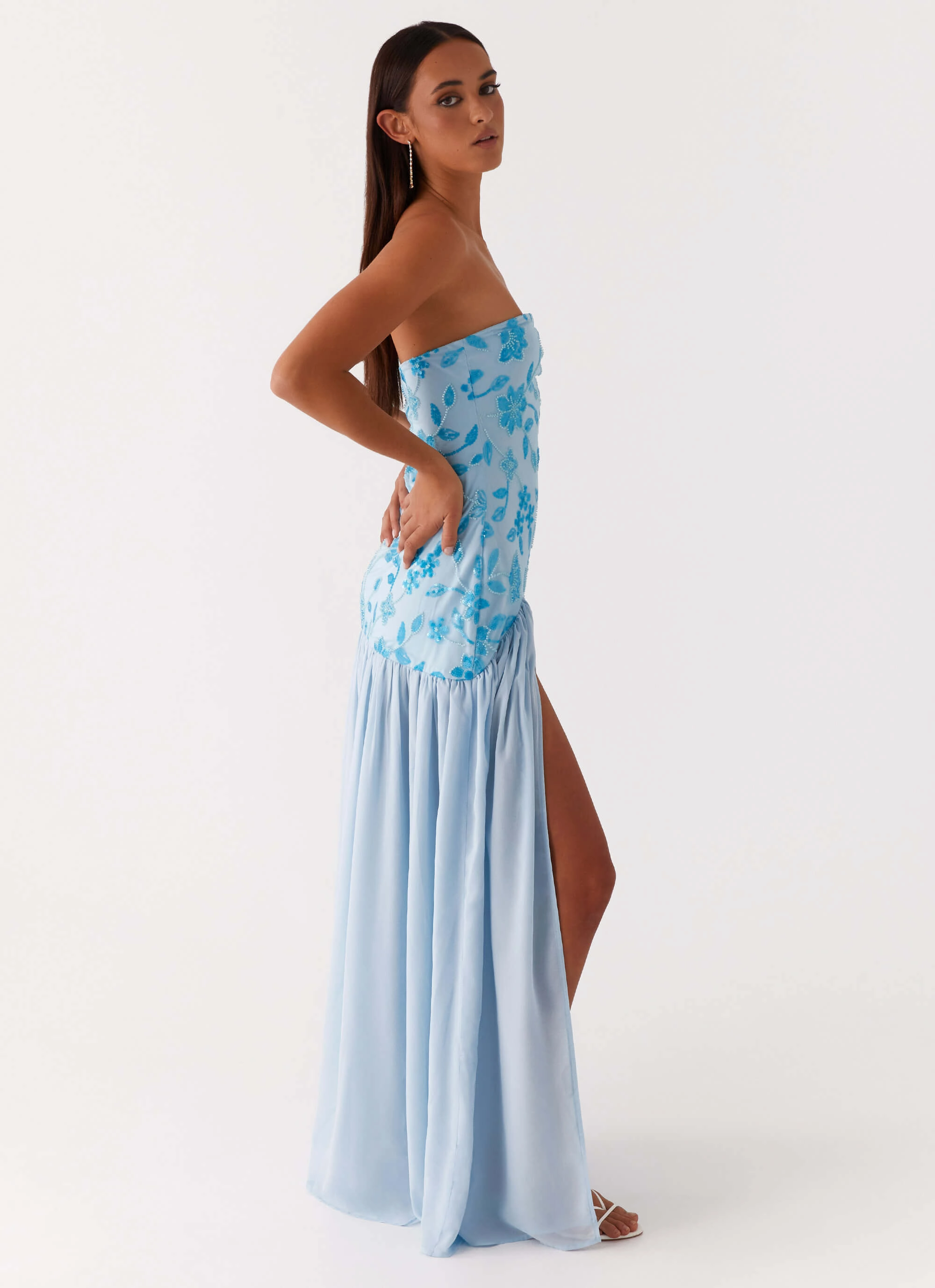 Eden Strapless Beaded Maxi Dress - Blue Shade Glow Garden Scene