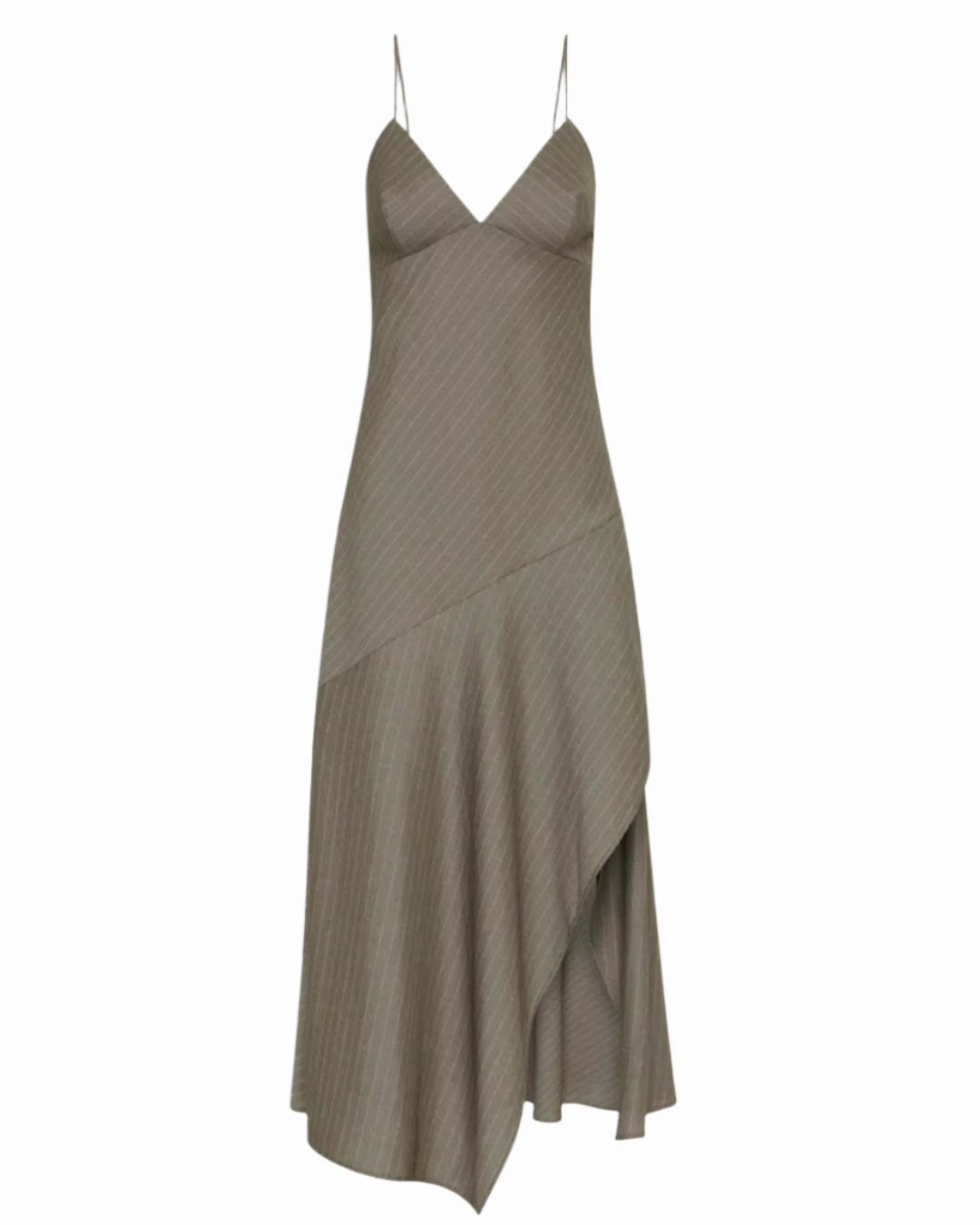 Asymmetric Slip Dress in Khaki Pinstripe Easy Comfort Look Inner Feel