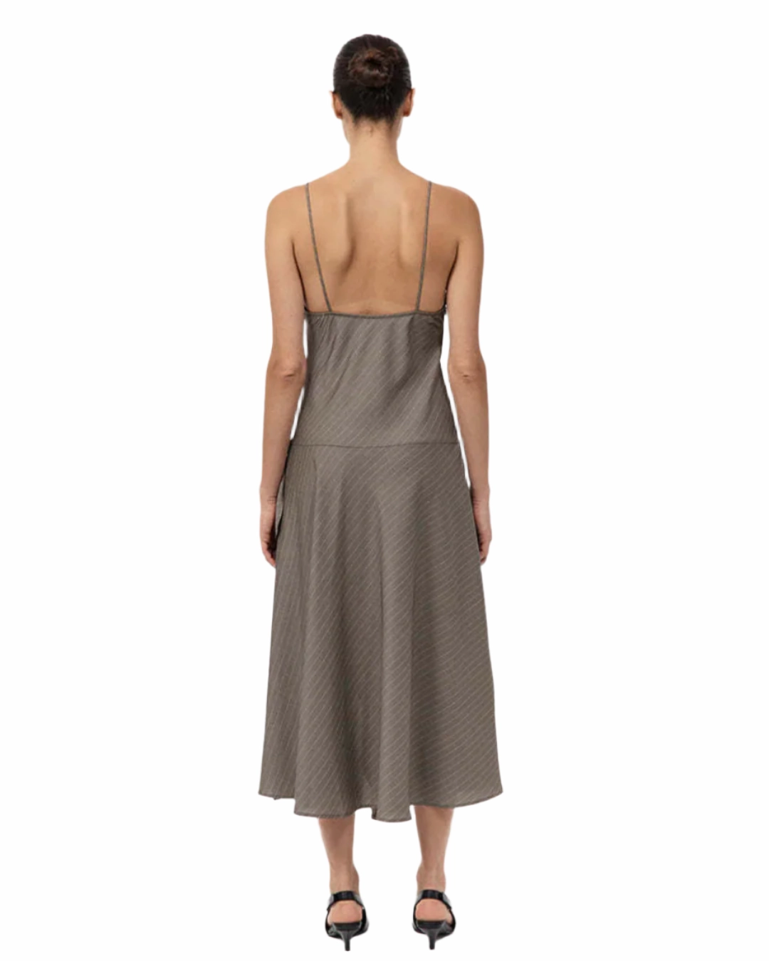 Asymmetric Slip Dress in Khaki Pinstripe Luxe Touch Smart and Polished